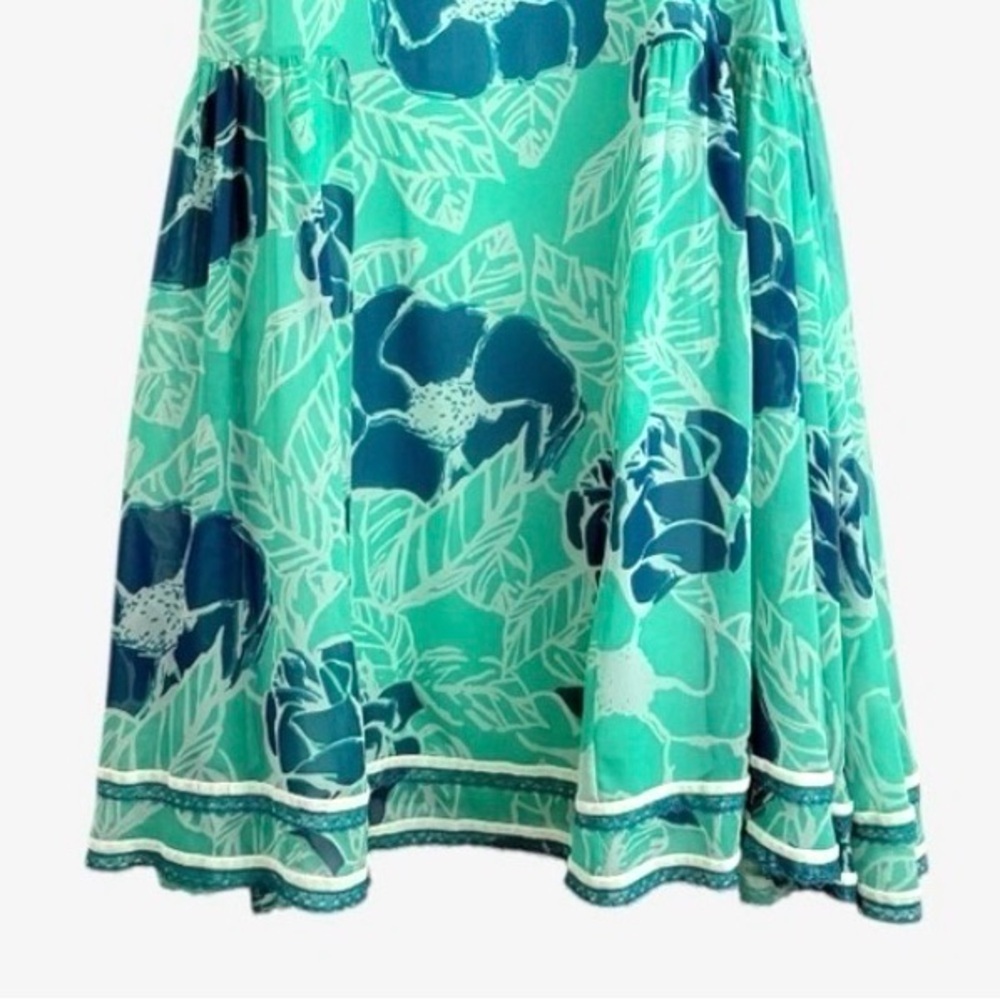 Odille 100% Silk Drop Waist Dress 6 Teal Floral Velvet Lace 90s Y2K Whimsigoth - Picture 2 of 15